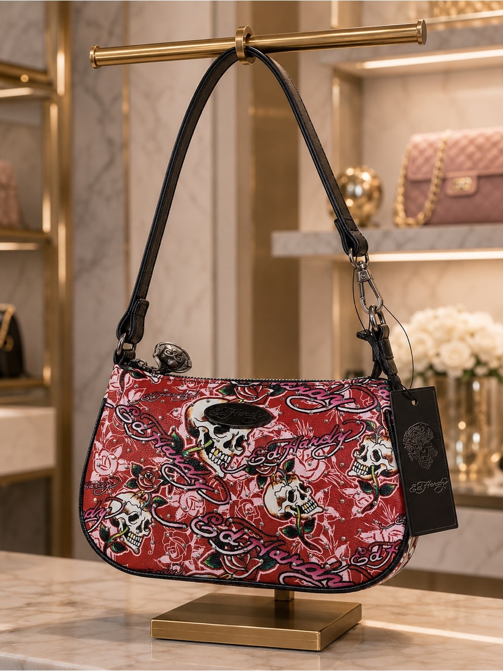 Ed Hardy Red Skull & Rose Print Shoulder Bag with Black Strap